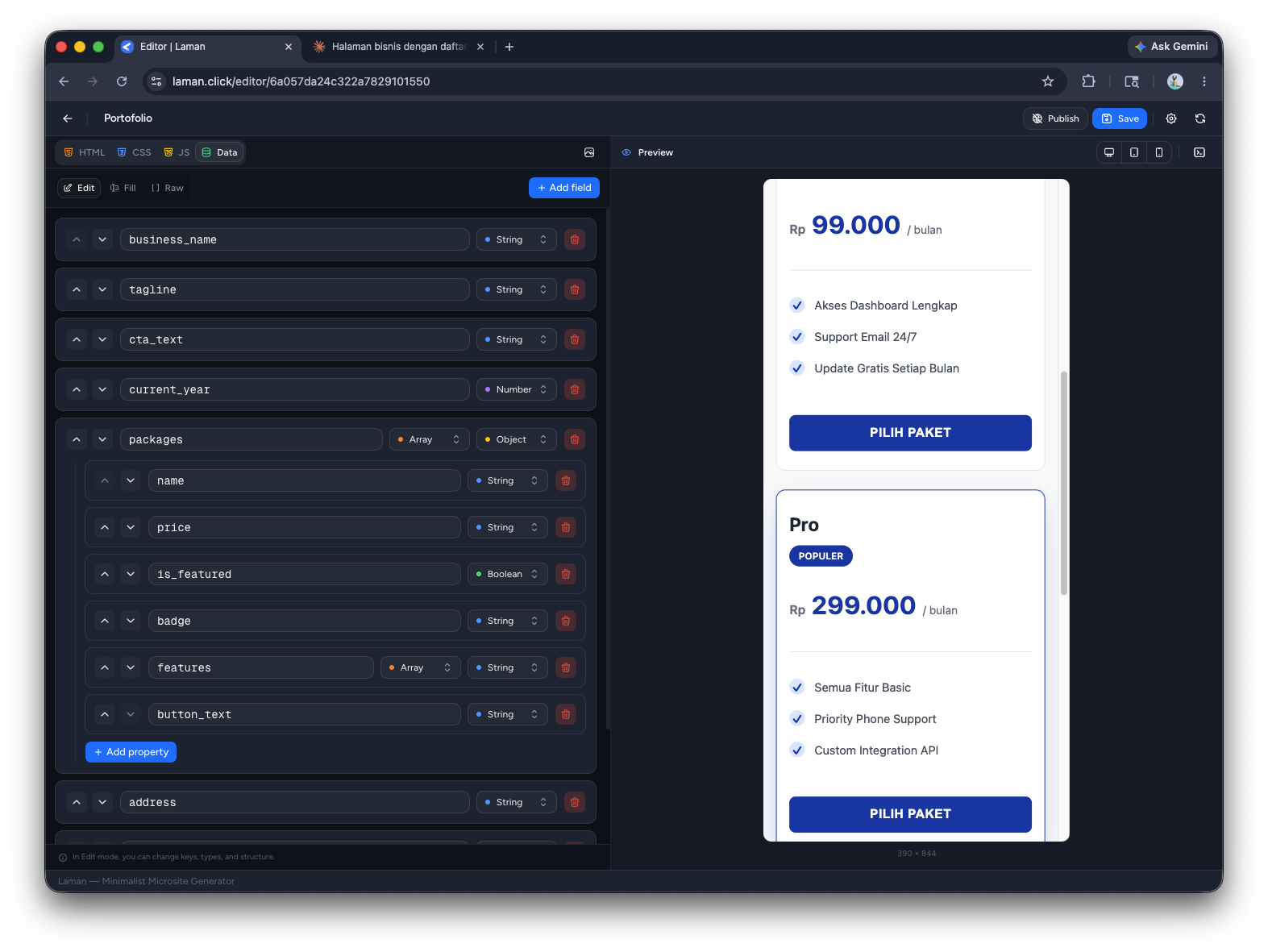 Preview of the result page